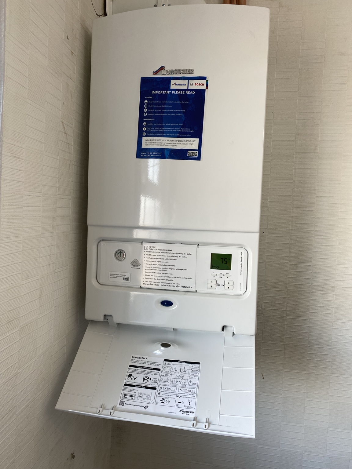 New Worcester Greenstar i boiler installation with its control flap open