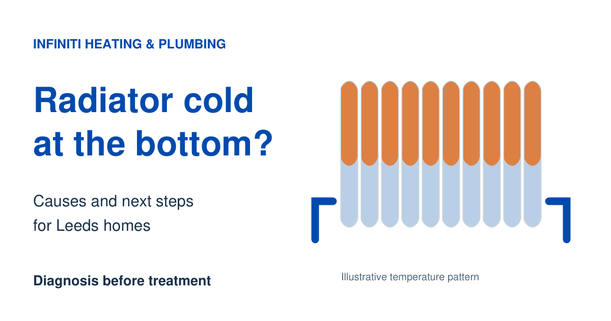 Illustration of a radiator with a warm upper section and cooler lower section, beside the guide title.